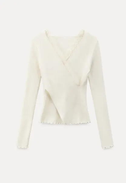 Elegant V Neck Lace Trim Knit Top with Asymmetrical Hem