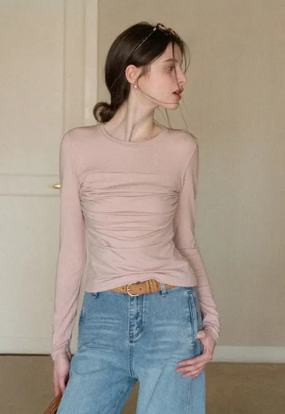 Ruched Long Sleeve T-Shirt with Gathered Detail