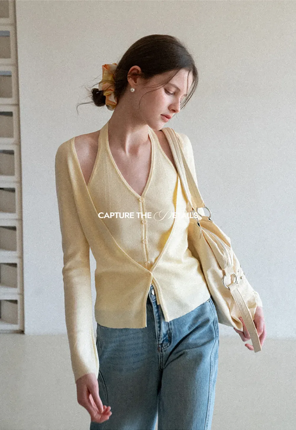 V neck long sleeve knit cardigan with open shoulders