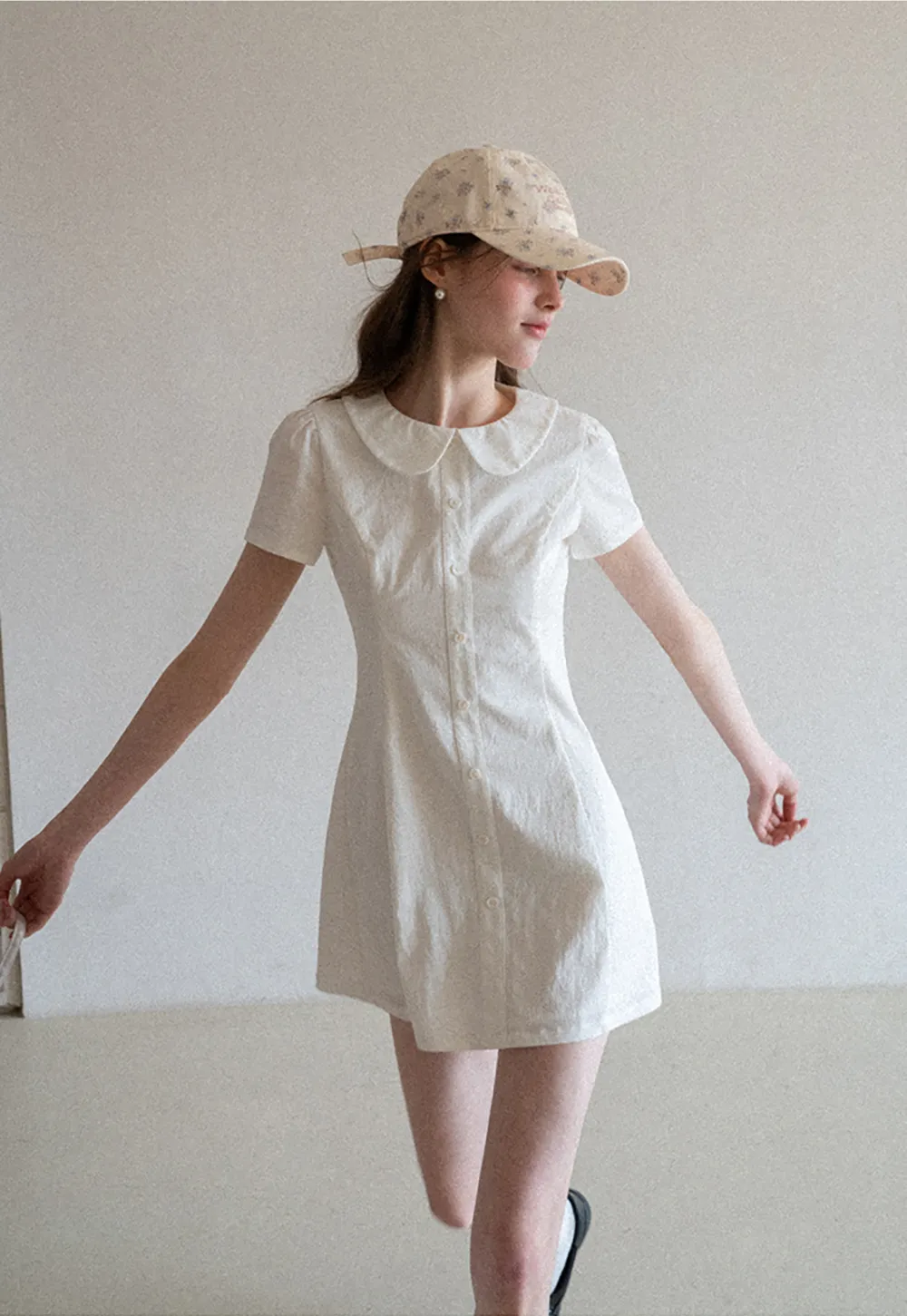 Button Front Dress with Peter Pan Collar and Short Sleeves