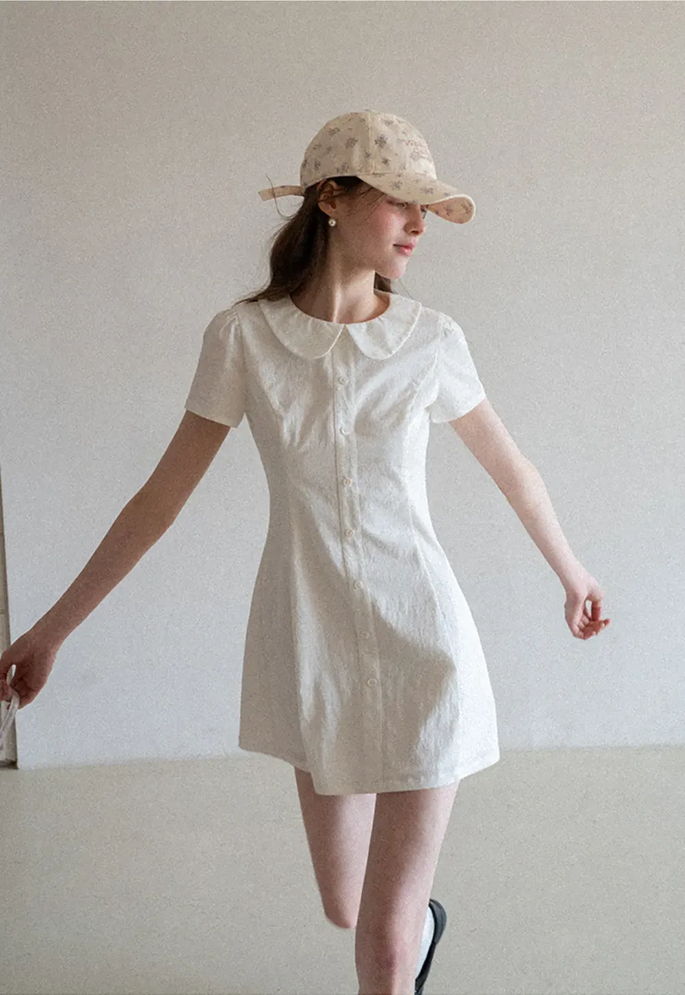 Button Front Dress with Peter Pan Collar and Short Sleeves