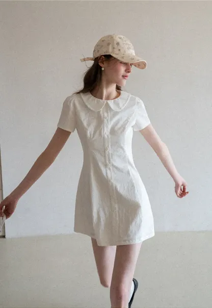 Button Front Dress with Peter Pan Collar and Short Sleeves