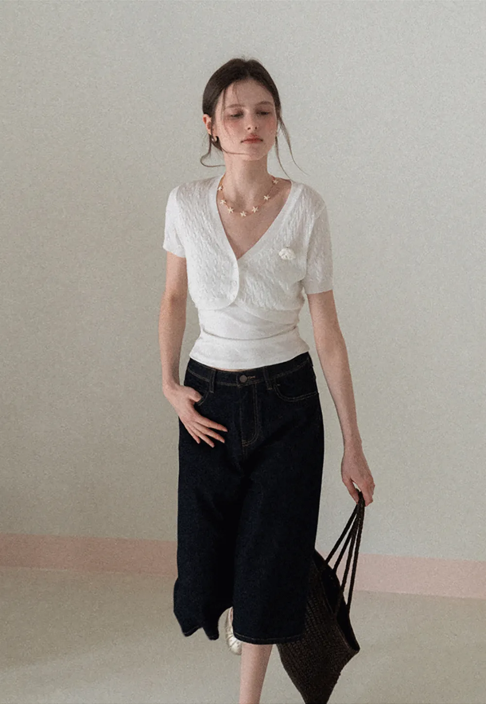 Short Sleeve Cable Knit Cardigan with Button Closure