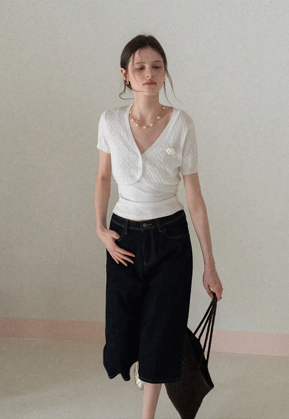 Short Sleeve Cable Knit Cardigan with Button Closure