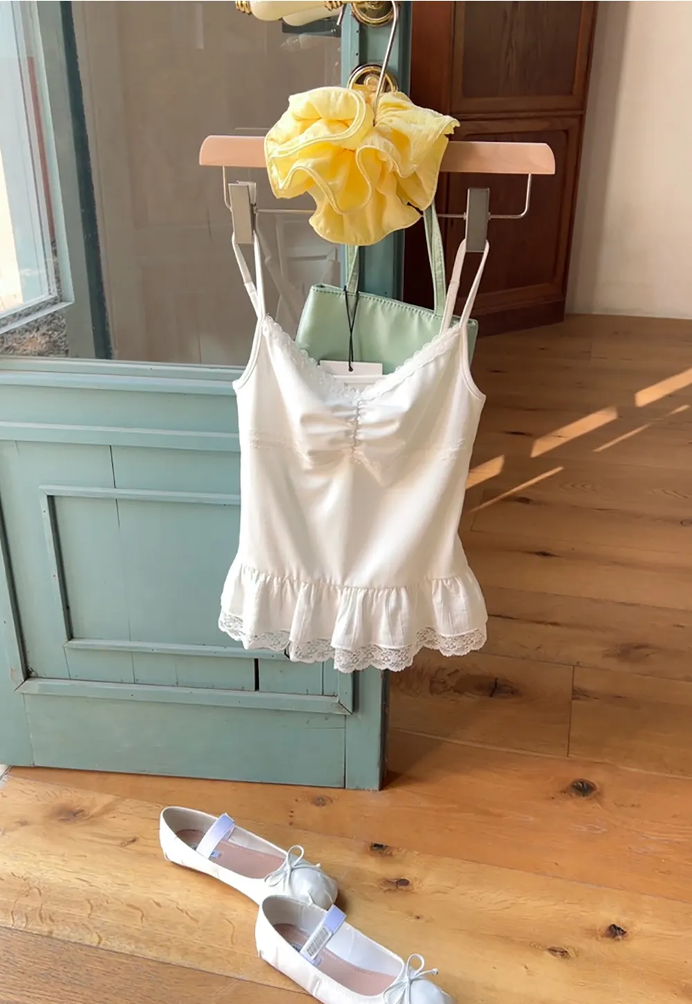 Lace Trimmed Peplum Tank Top with Thin Straps