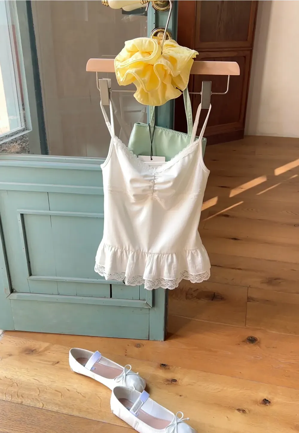 Lace Trimmed Peplum Tank Top with Thin Straps