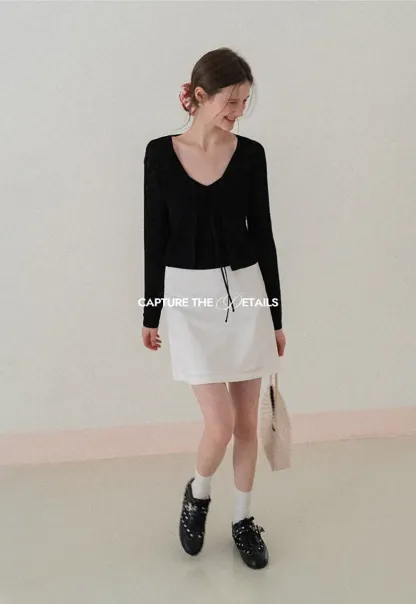 V Neck Long Sleeve Knit Cardigan with Front Tie