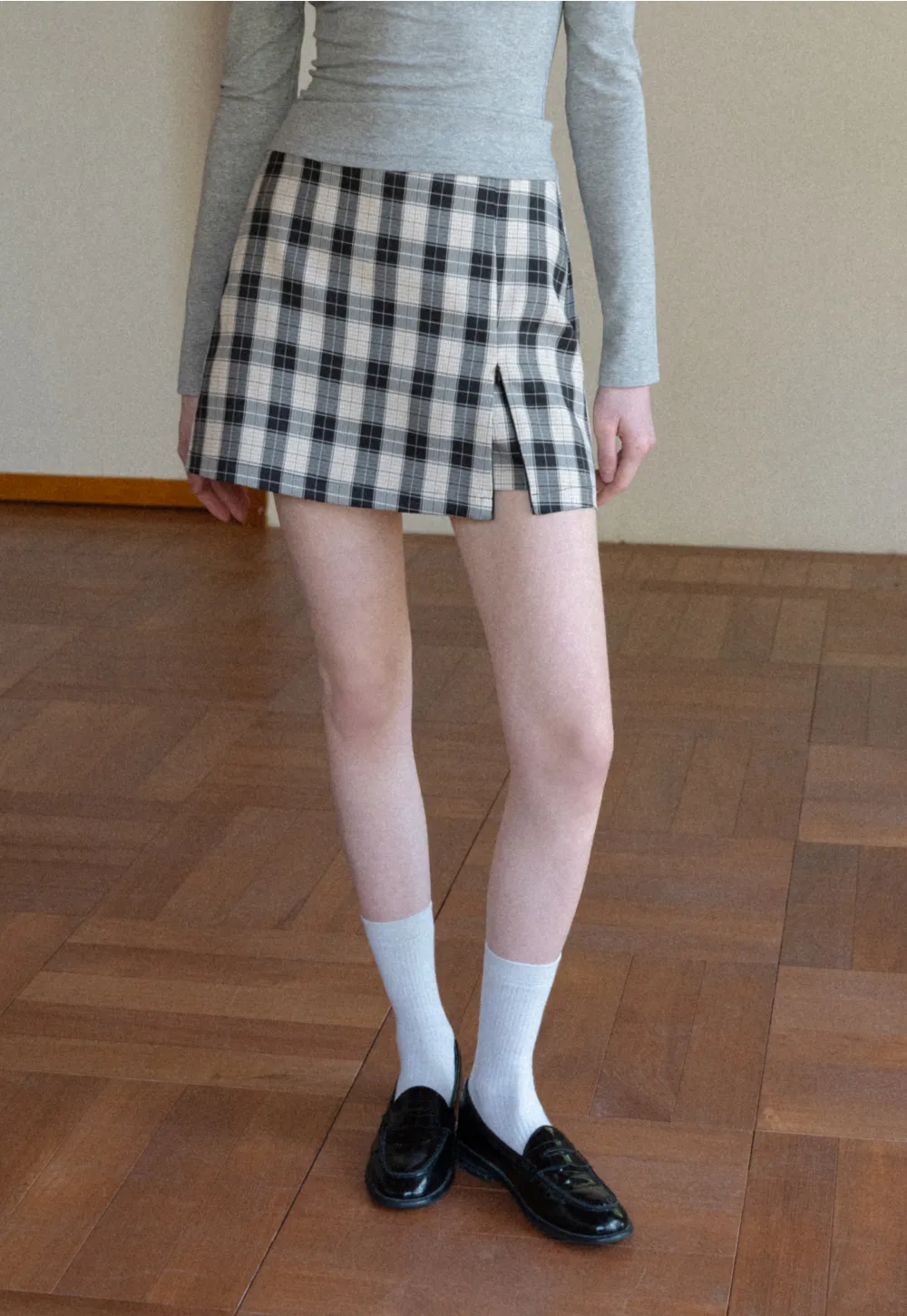 Plaid Skirt with Front Slit