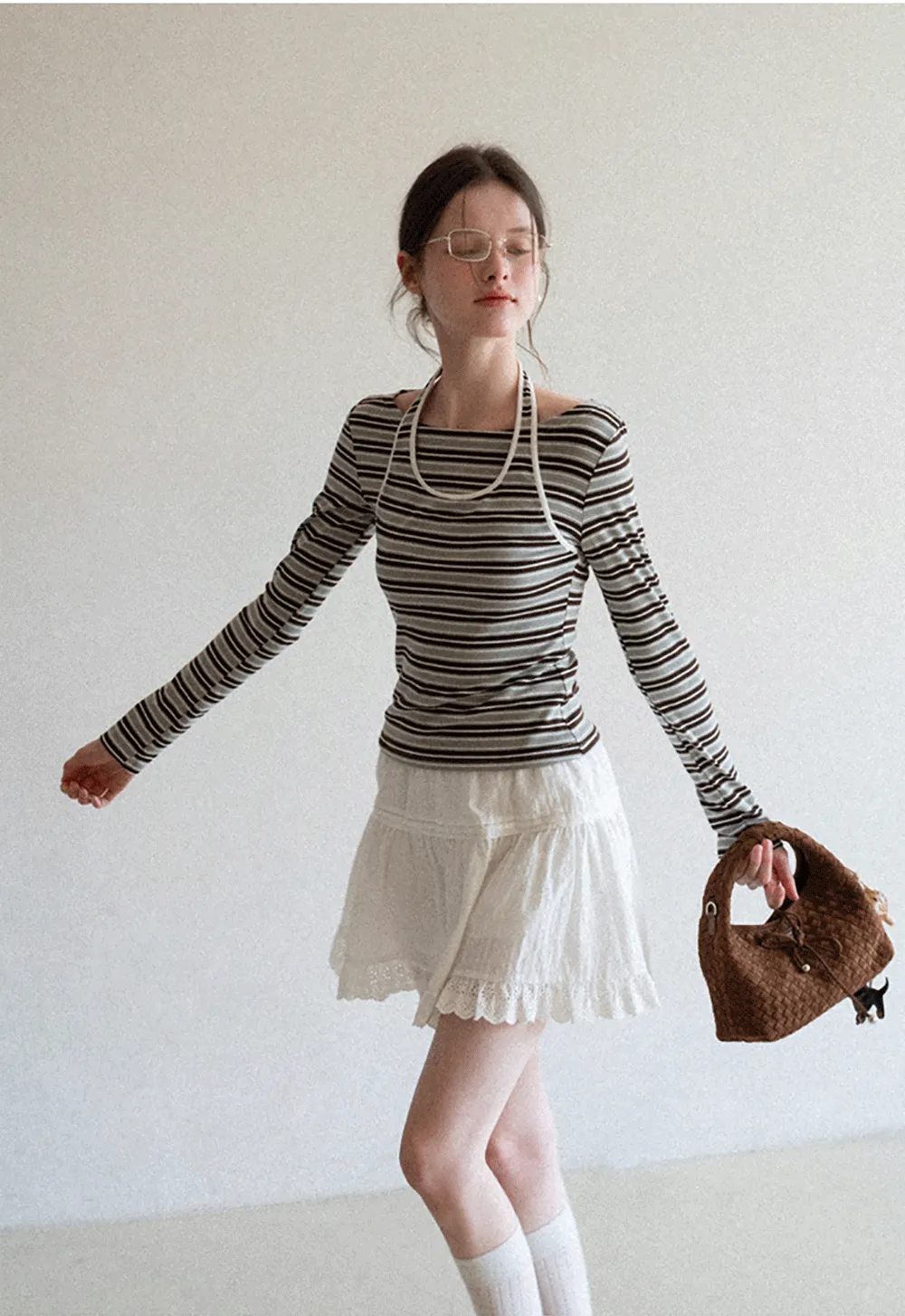 Long sleeve striped top with halter neck detail