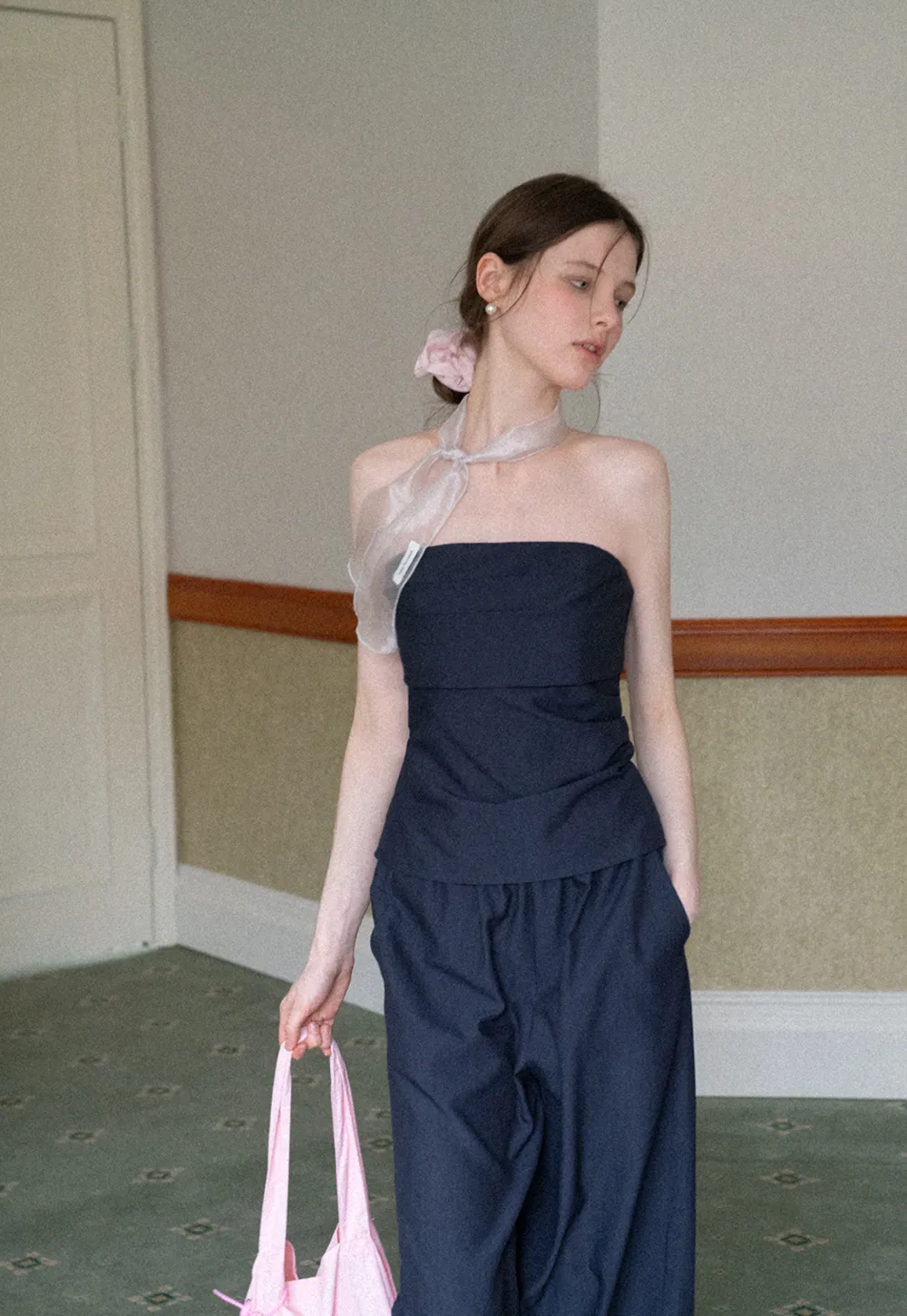 Strapless top with sheer neck tie and loose fit pants