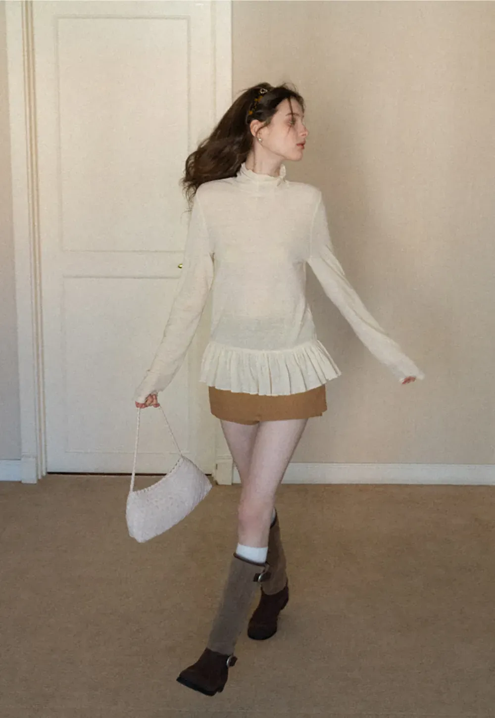 floral dot long sleeve top with ruffle hem