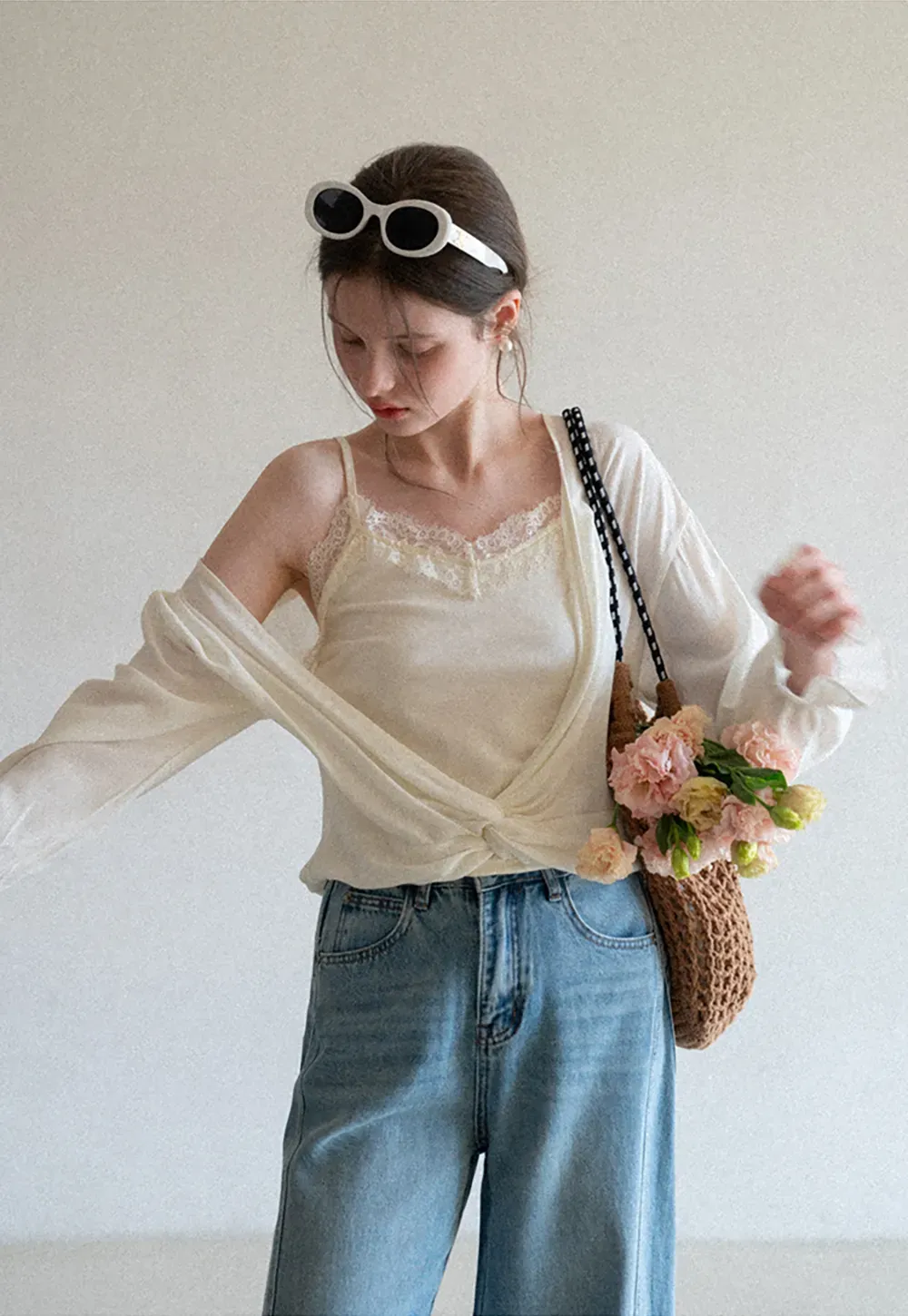 Lace Trimmed V Neck Long Sleeve Wrap Shirt