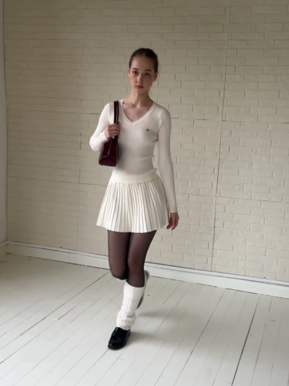 Women Elegant Pleated Skirt and Sweater Set