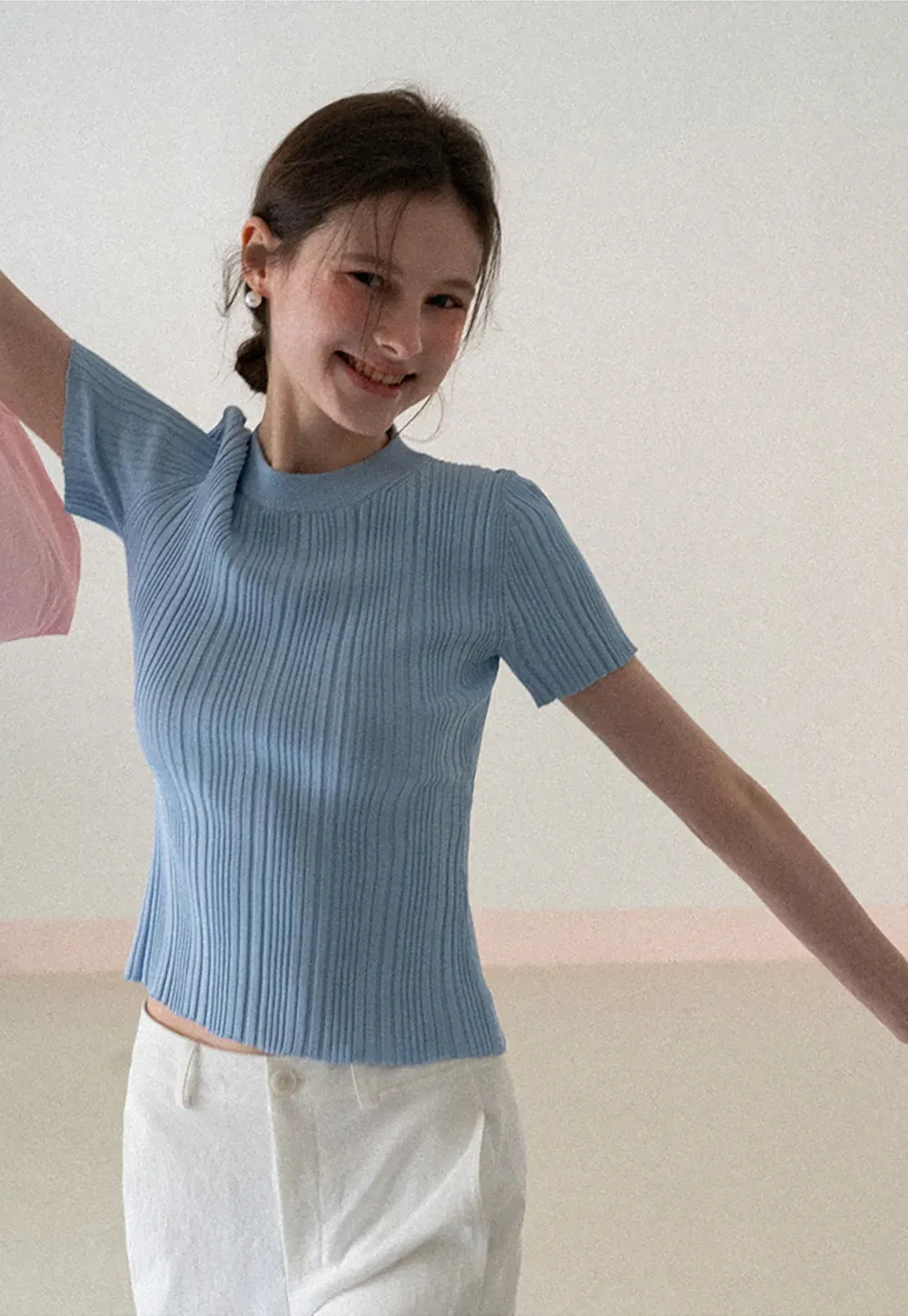 Ribbed Knit Short Sleeve Crew Neck Sweater