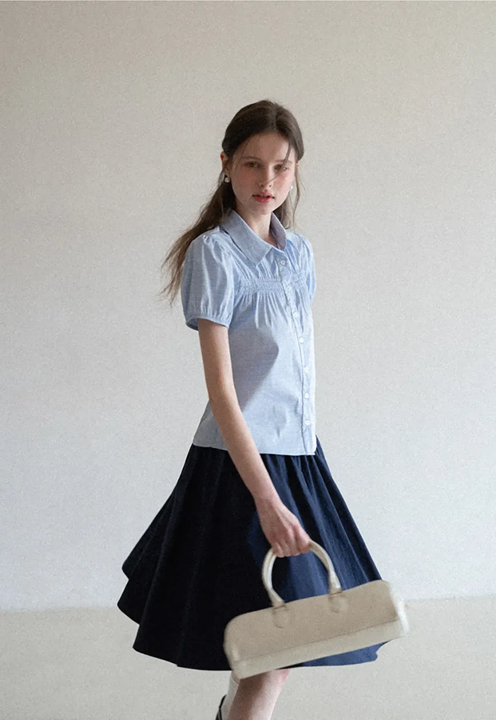 Short Sleeve Button Up Shirt with Pleated Detail