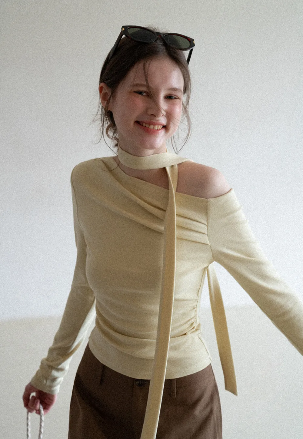 Long sleeve off shoulder top with neck tie detail