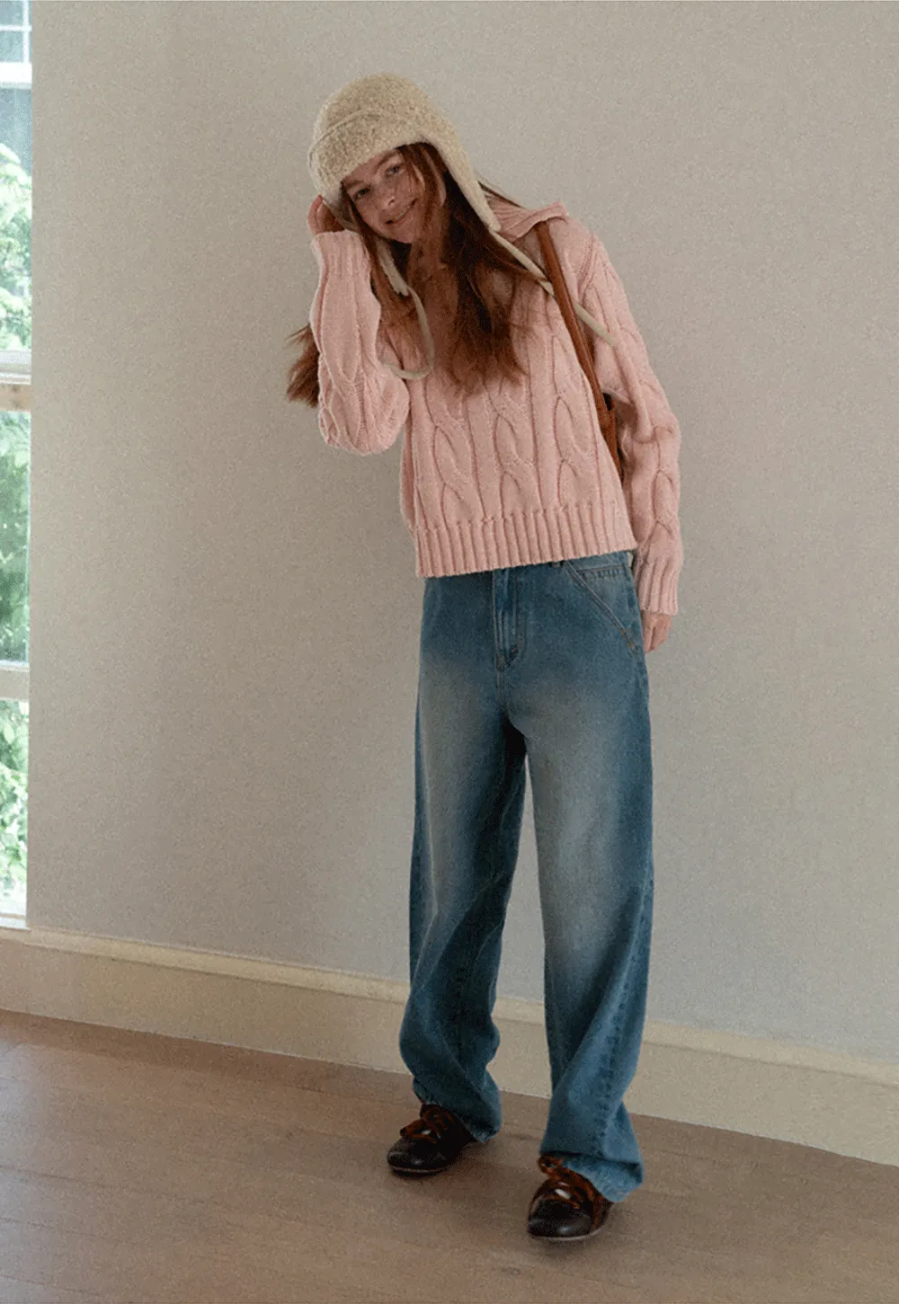 Cable Knit Turtleneck Sweater with Ribbed Sleeves and Hem