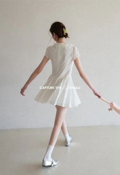 Ruffled V Neck Short Sleeve A Line Dress