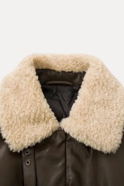 Faux Leather Bomber Jacket with Fur Collar