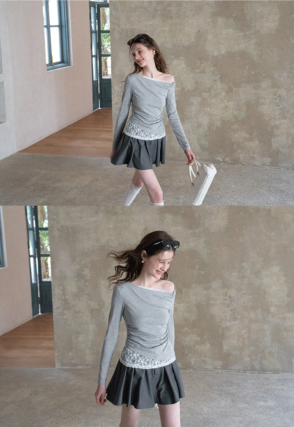 Off shoulder long sleeve top with lace trim