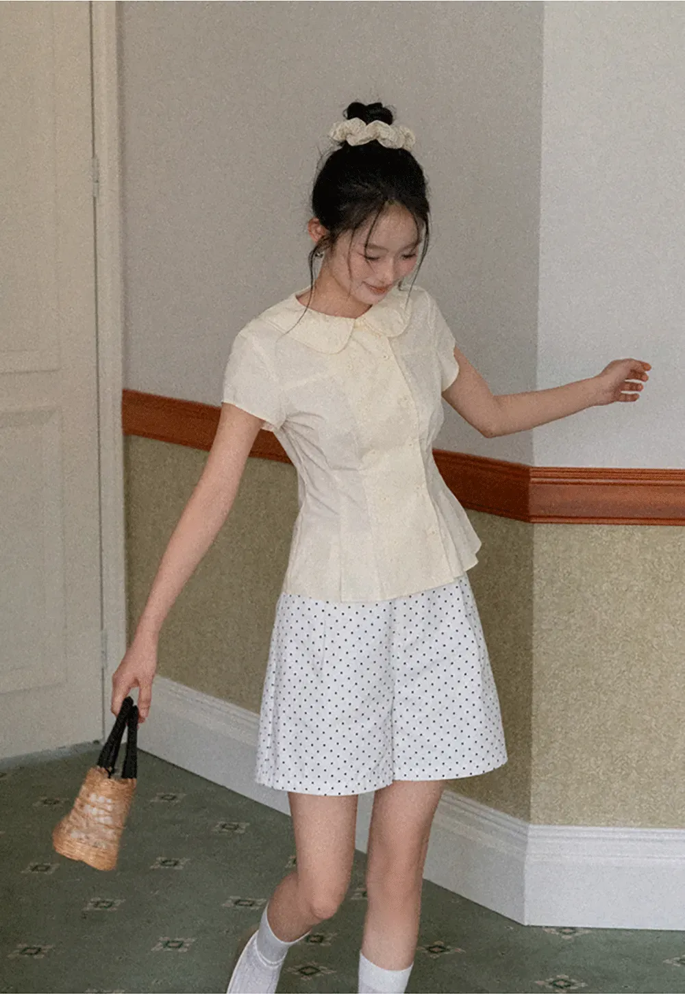 Short Sleeve Shirt with Peter Pan Collar and Peplum Hem