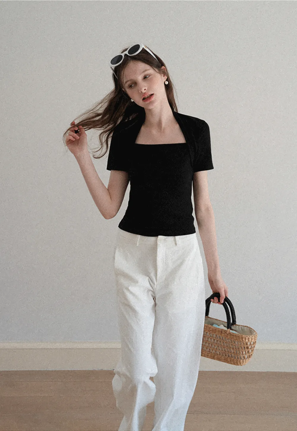 Square neck short sleeve fitted top