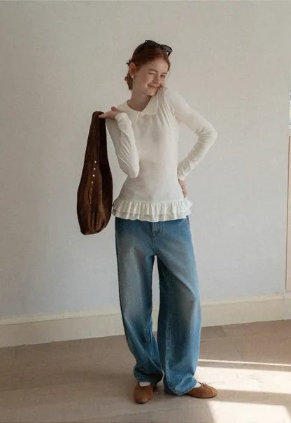 Elegant Long Sleeve Top with Ruffled Hem and Collar Design