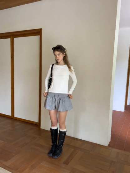 Women Long Sleeve Top with Flower Detail