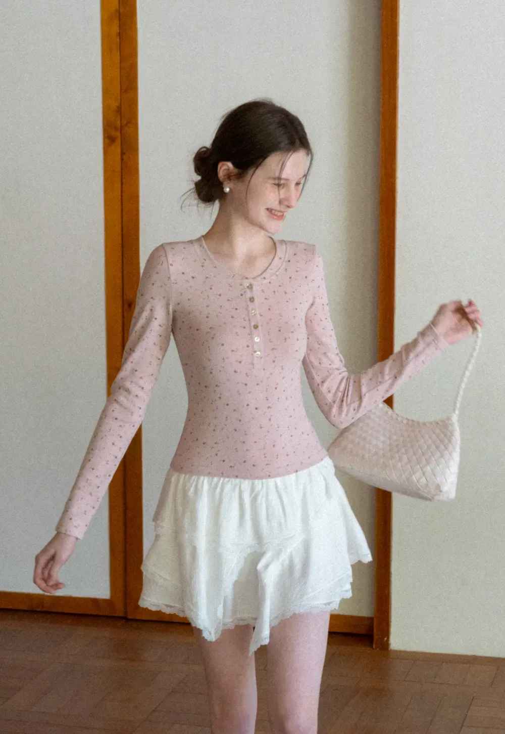 Long sleeve button front top with floral print