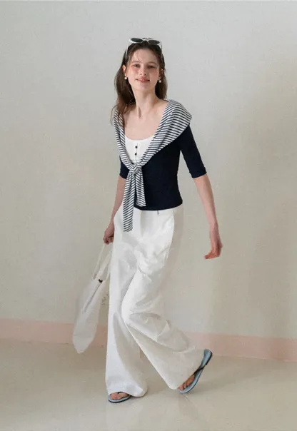 Striped collar tie front short sleeve top