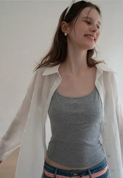 Gray tank top with small embroidered cross detail