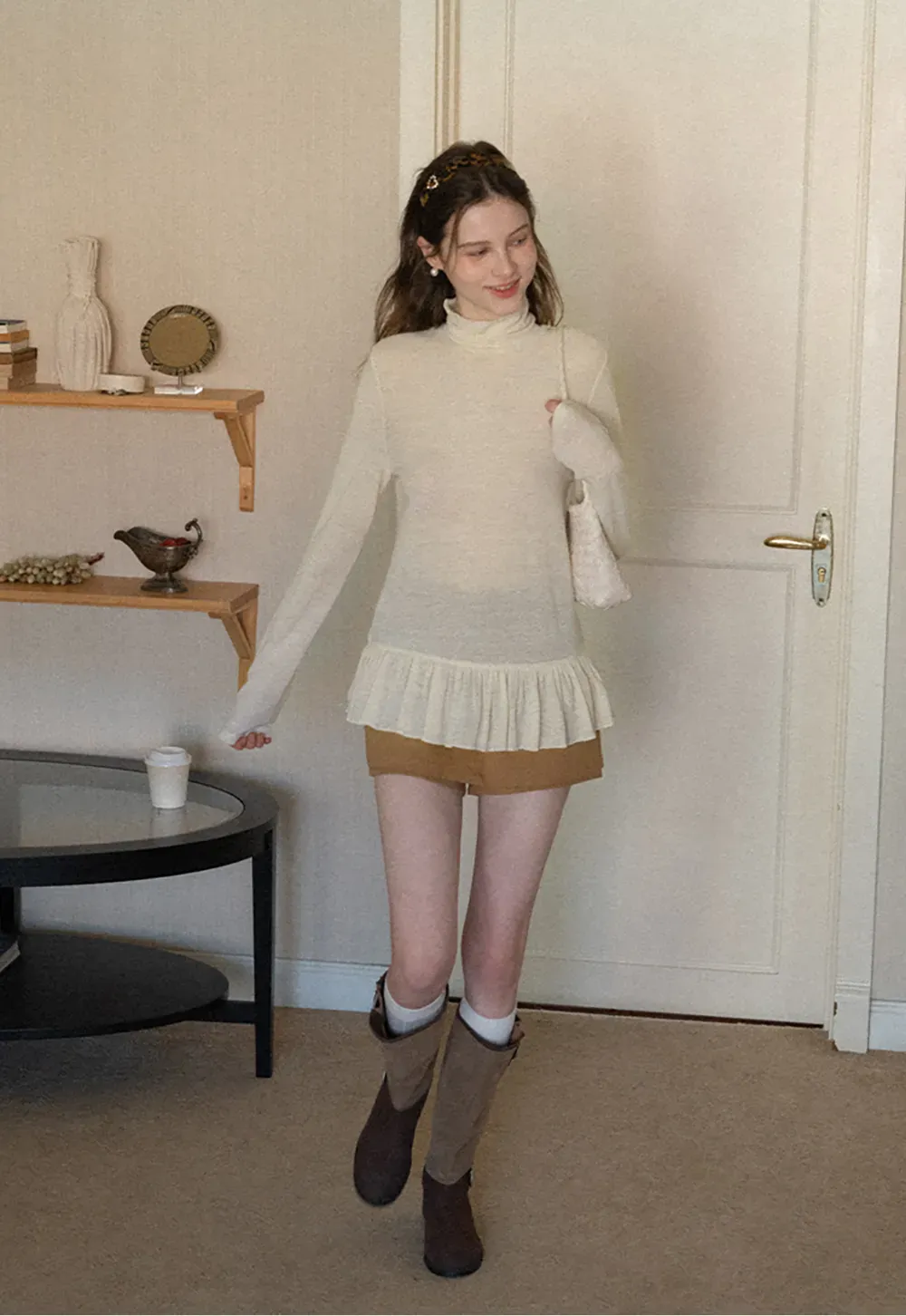 floral dot long sleeve top with ruffle hem