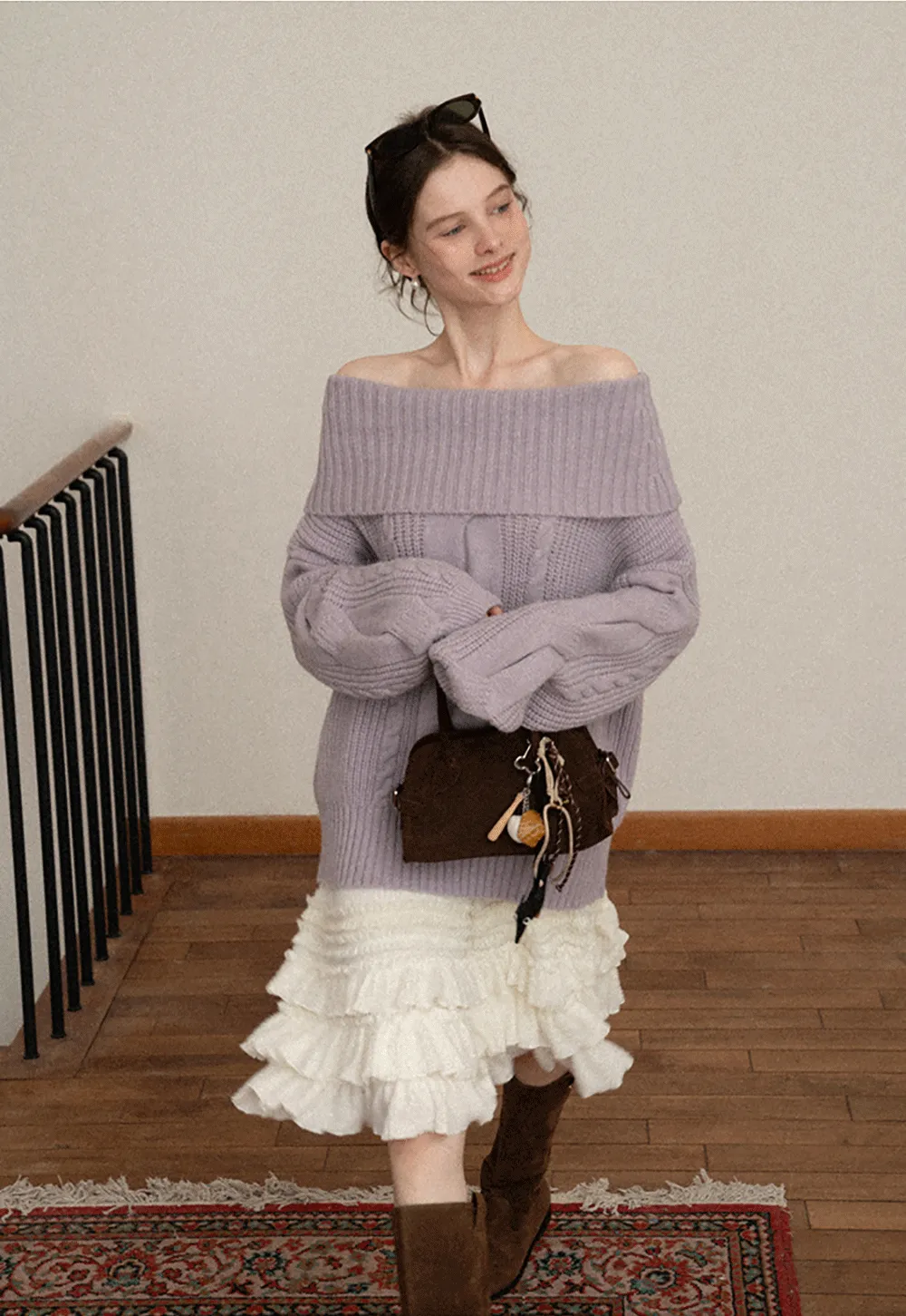 Gray Cable-Knit Turtleneck Sweater