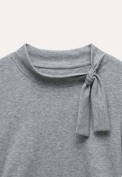 Tie Neck Long Sleeve Top and Asymmetrical Chiffon Skirt Set