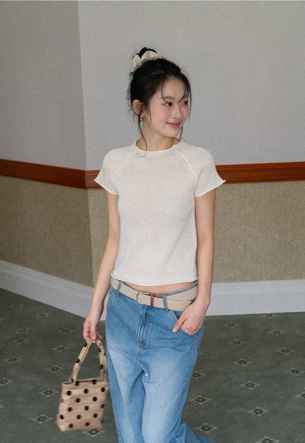 Short Sleeve Ribbed Knit Top with Raglan Sleeves