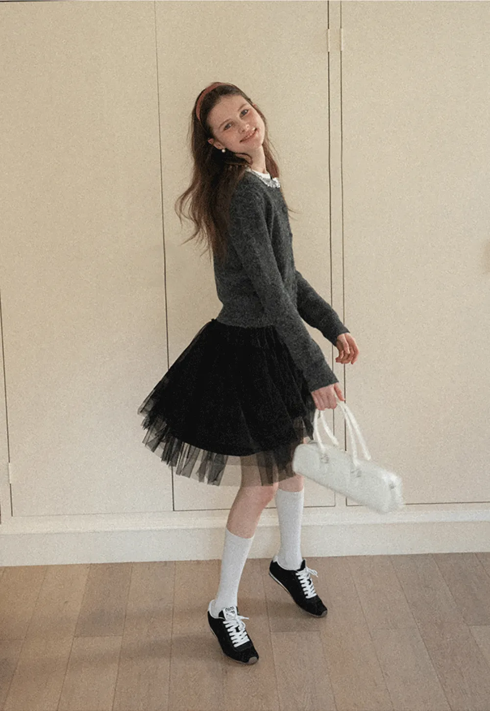 Elegant Woolen Knit Sweater with Embellished Neckline and Long Sleeves