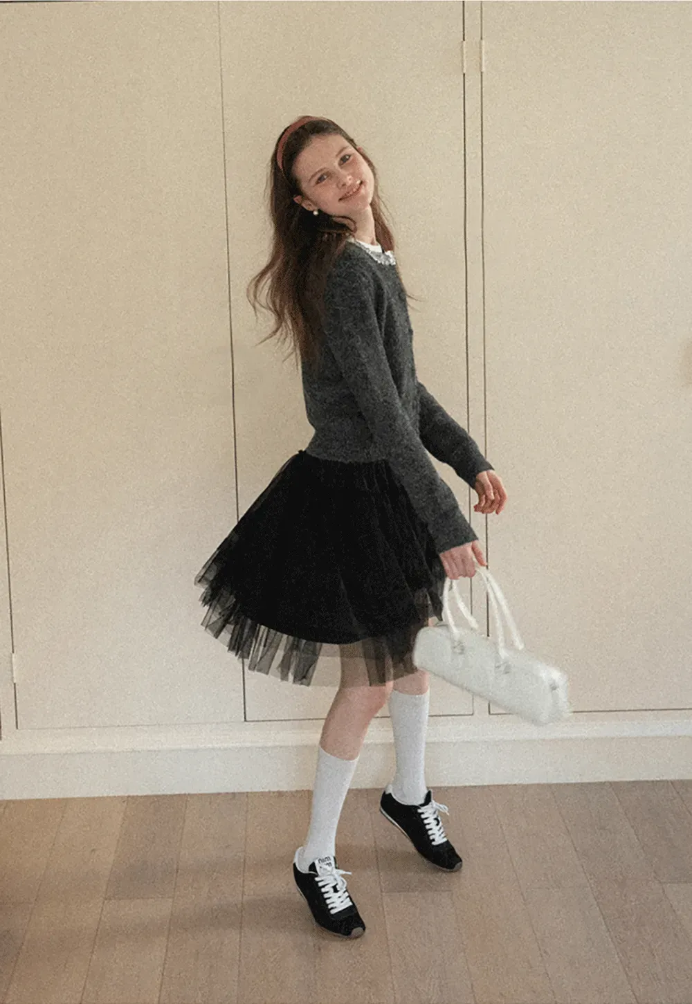 Elegant Woolen Knit Sweater with Embellished Neckline and Long Sleeves