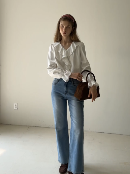 Women Ruffle Lace V Neck Long Sleeve Blouse