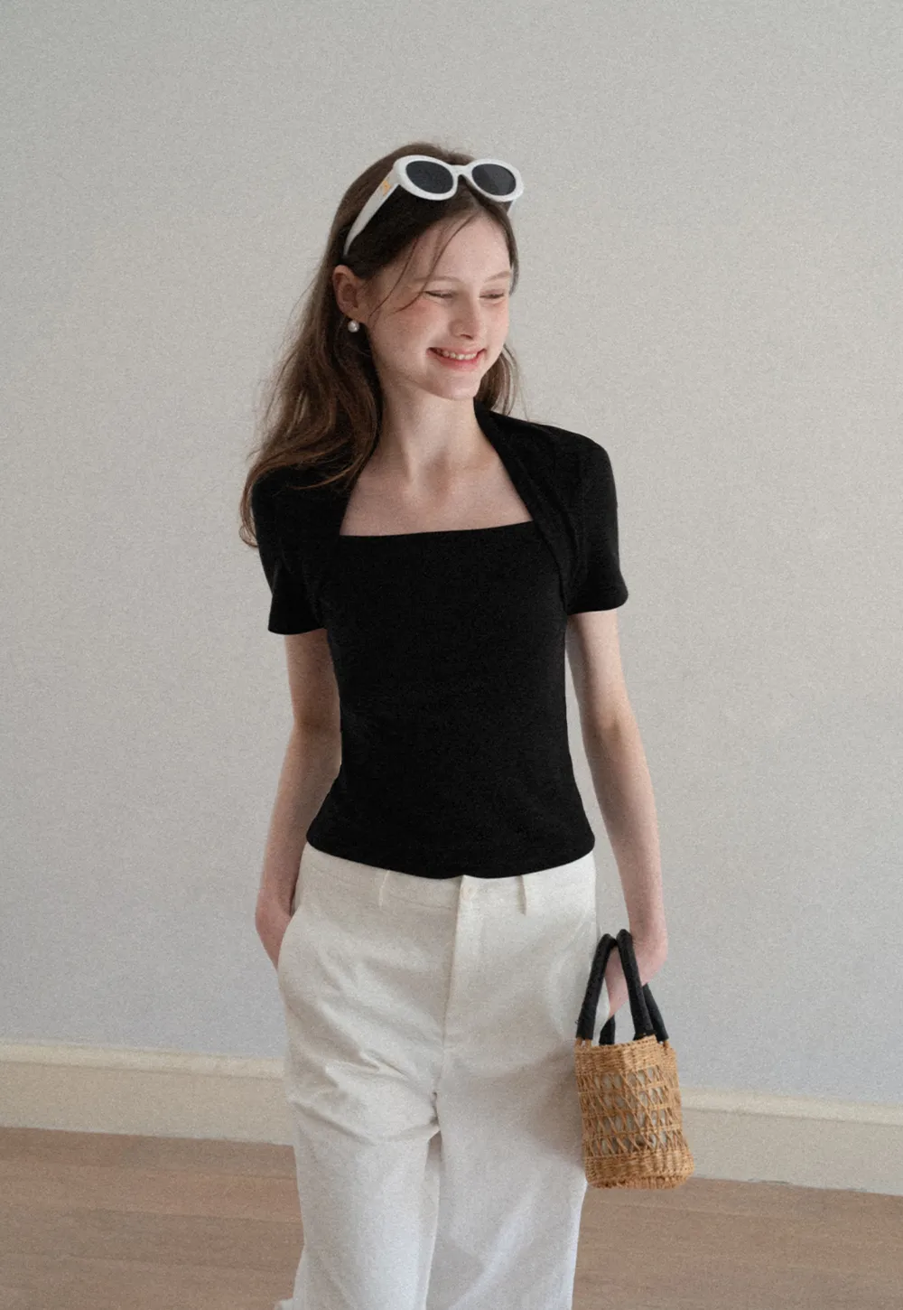 Square neck short sleeve fitted top