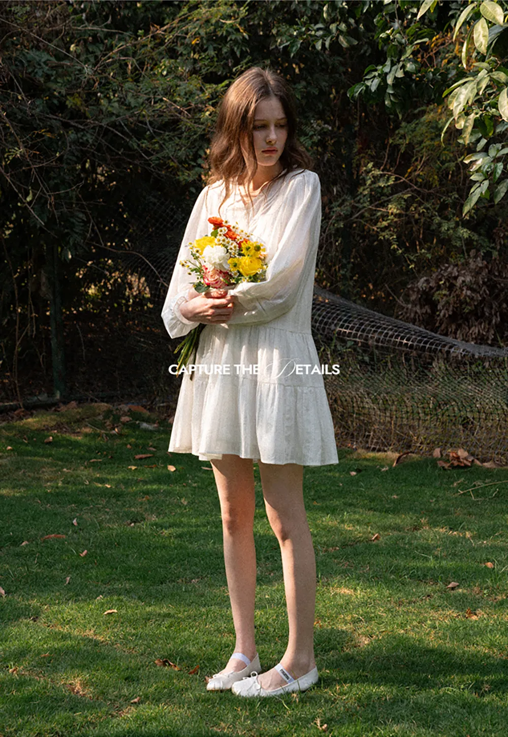 V neck long sleeve tiered dress with lace trim