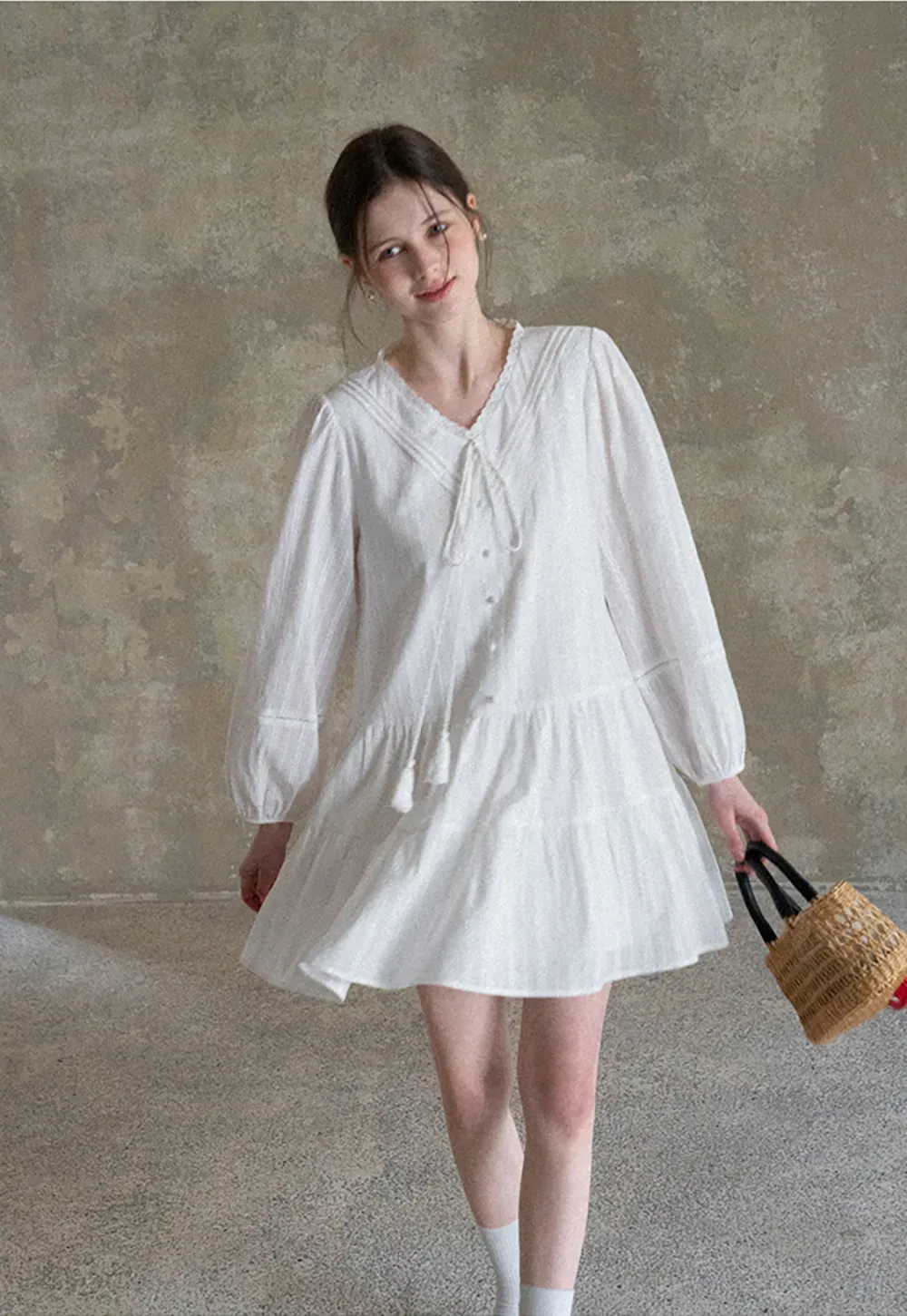 V neck long sleeve tiered dress with lace trim