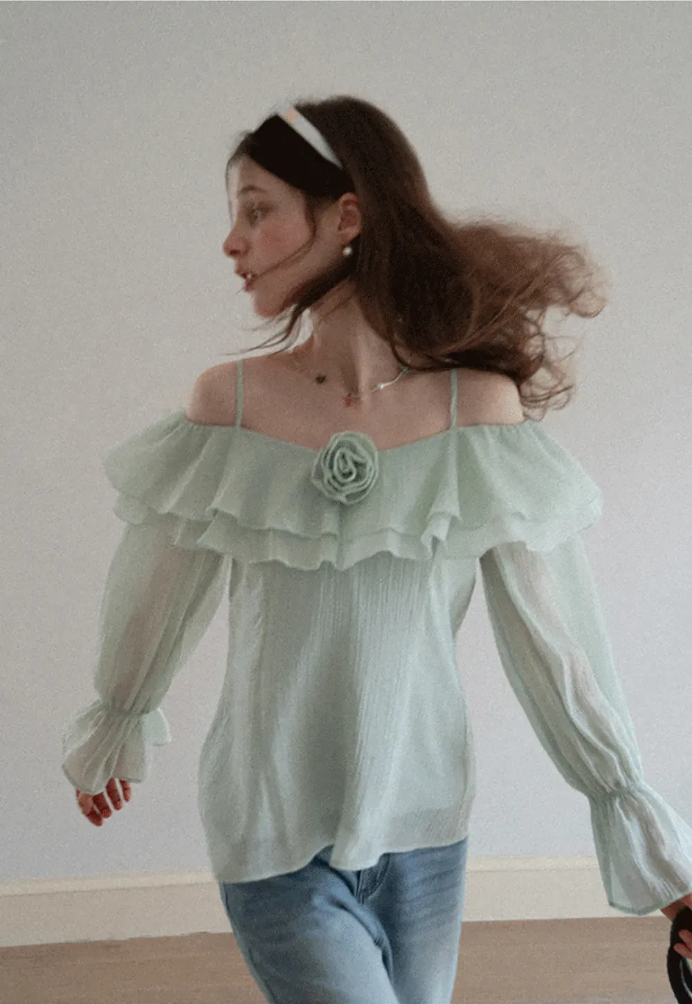 Off Shoulder Blouse with Ruffled Layers and Floral Embellishment