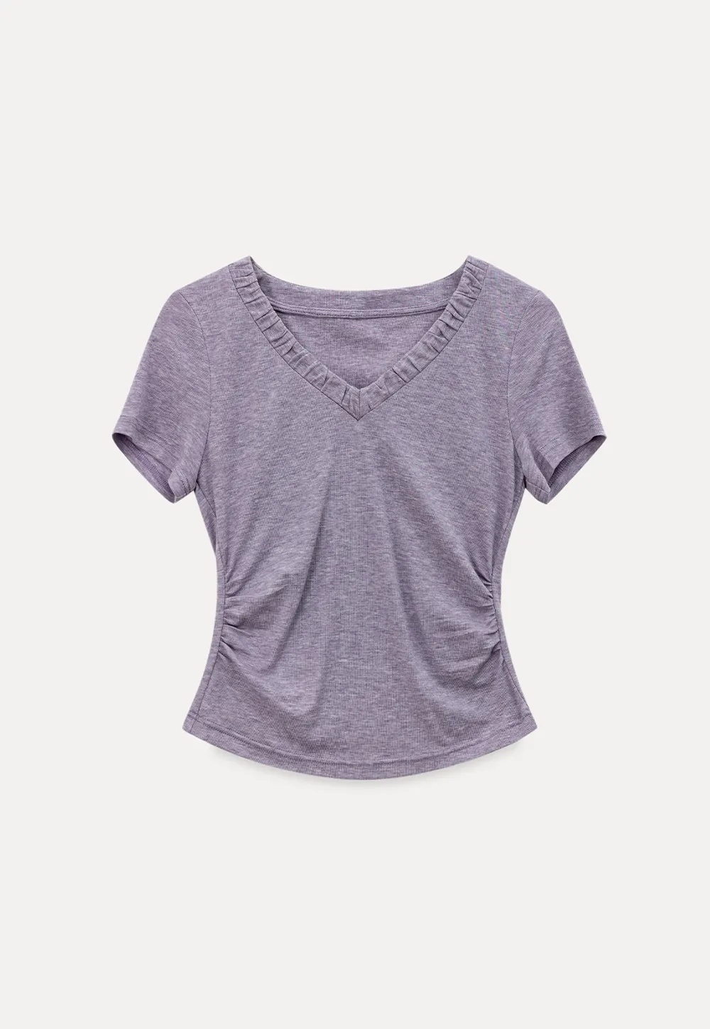 V neck short sleeve t shirt with ruffled trim