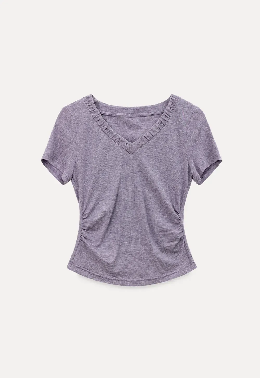 V neck short sleeve t shirt with ruffled trim