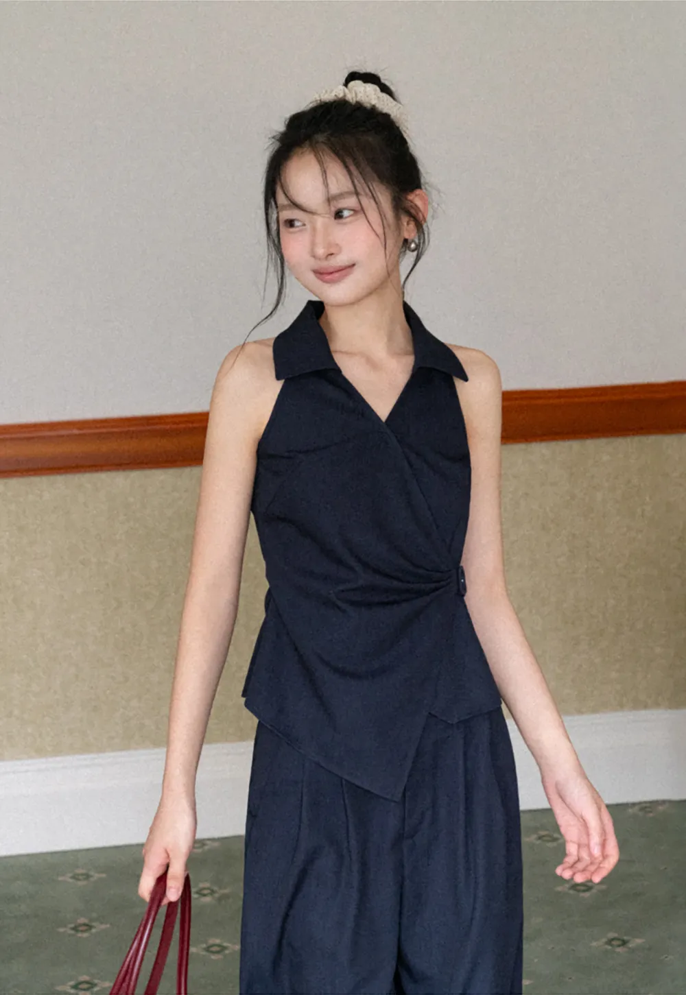 Sleeveless Collared Top with Wrap Detail and Wide Leg Pants