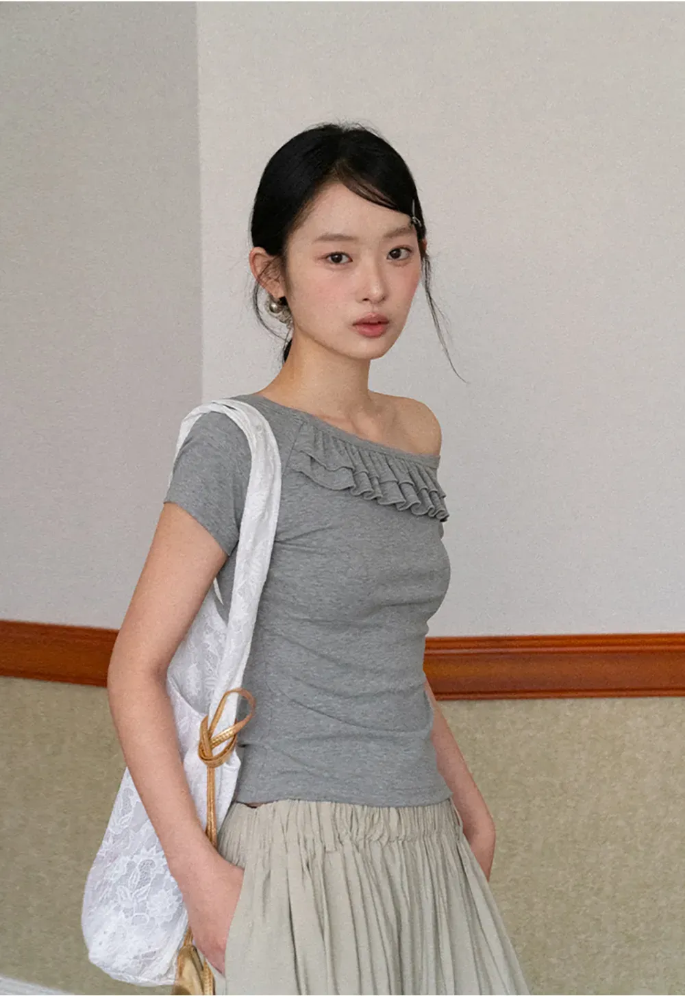 Off shoulder short sleeve top with ruffle detail