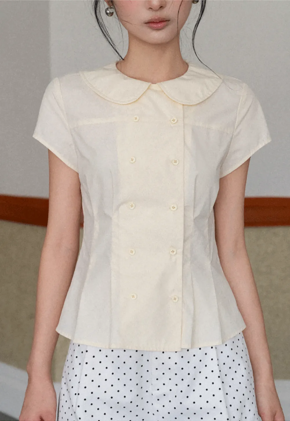 Short Sleeve Shirt with Peter Pan Collar and Peplum Hem