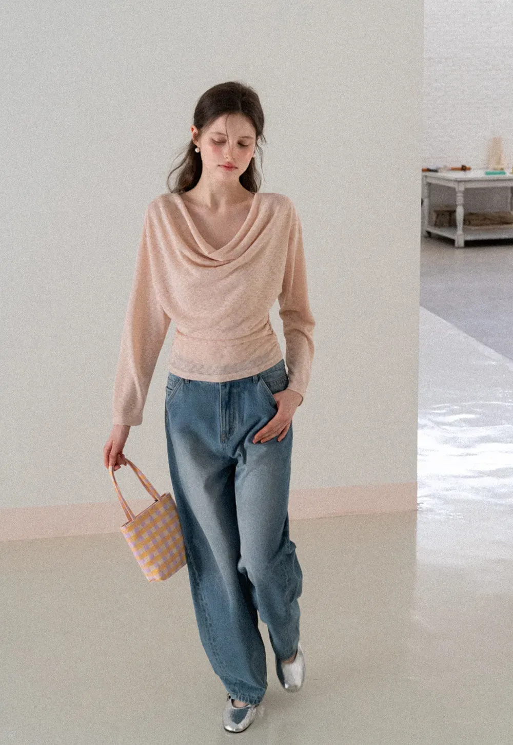 Long sleeve off shoulder draped knit top