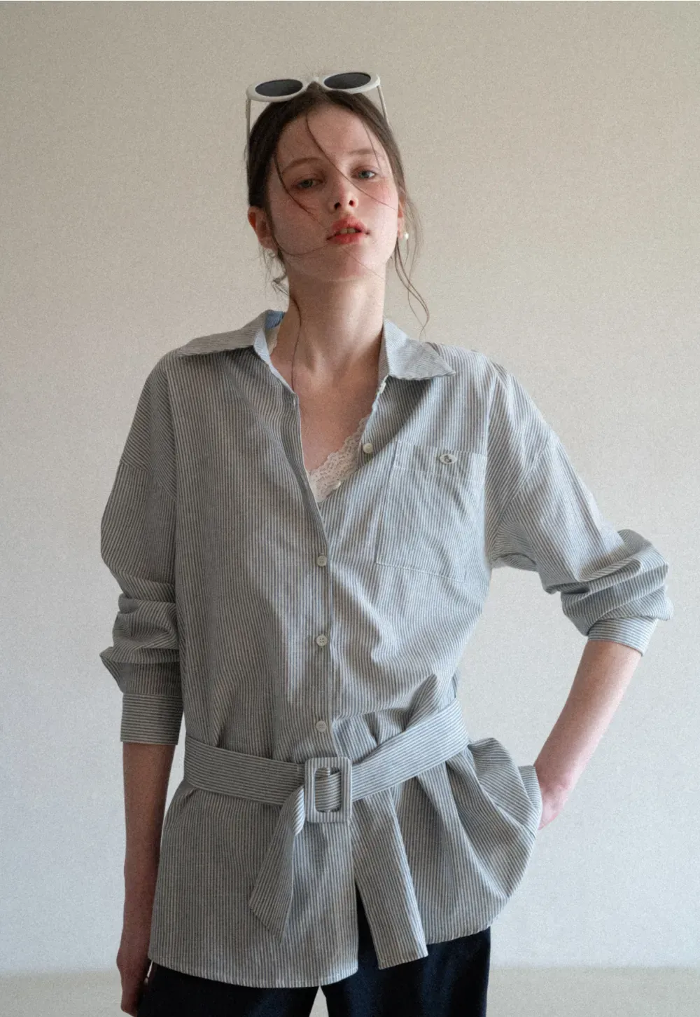 Striped Shirt with Belt and Lace Trim Tank Top