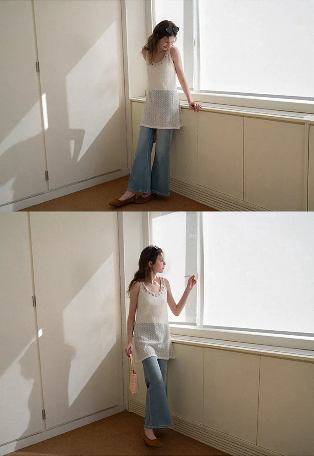 knitted sleeveless tank top with lace trim and button details